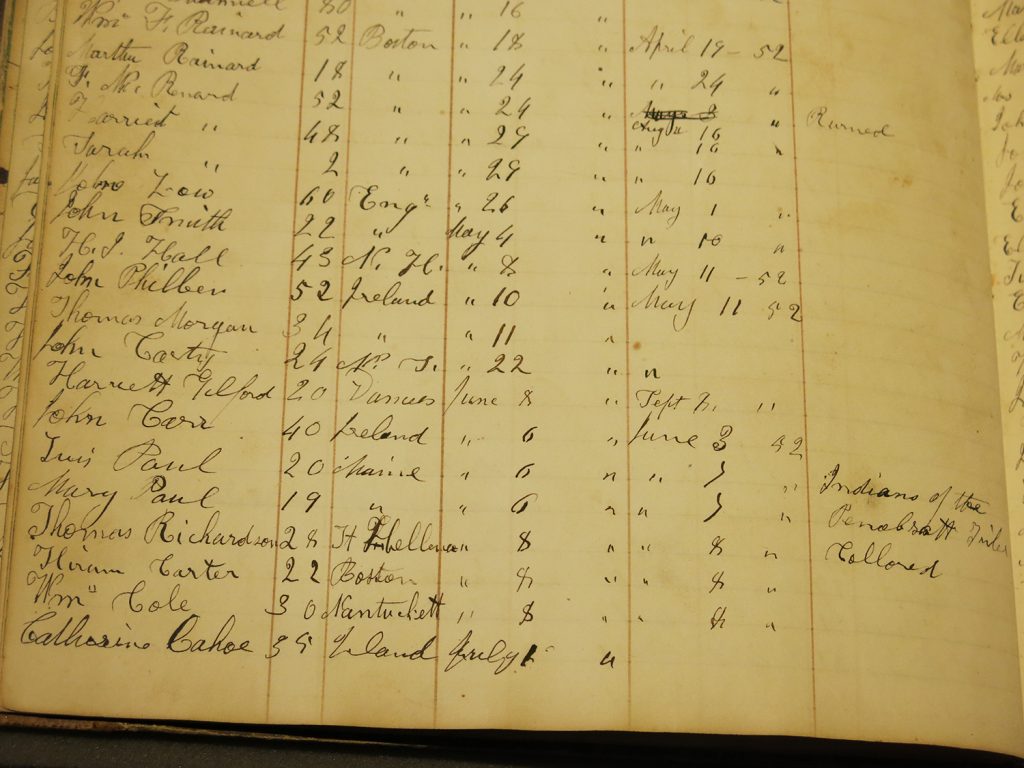 page from register showing columns of handwritten notes