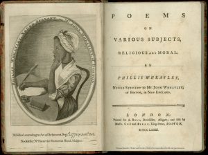 Title page and frontispiece of Poems on Various Subjects, Religious and Moral by Phillis Wheatley