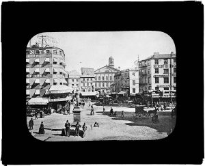 19th century view of Adams Square and Dock Square, Boston