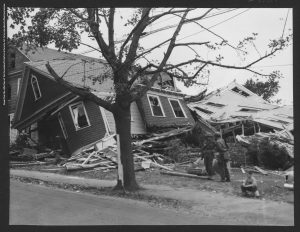 Photograph showing destruction from 1953 tornado in Worcester, Mass. 