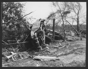 Photograph showing destruction from 1953 tornado in Worcester, Mass. 