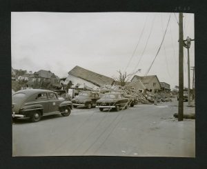 Photograph showing destruction from 1953 tornado in Worcester, Mass.