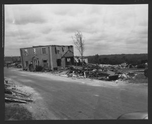 Photograph showing destruction from 1953 tornado in Worcester, Mass.