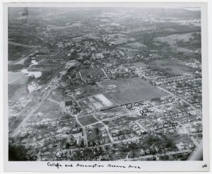 Photograph showing destruction from 1953 tornado in Worcester, Mass. 