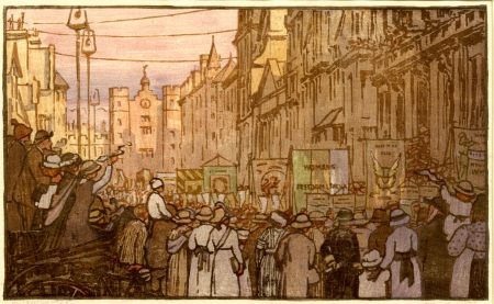 A painting with pastel colors showing women at a suffrage parade carrying banners and signs.