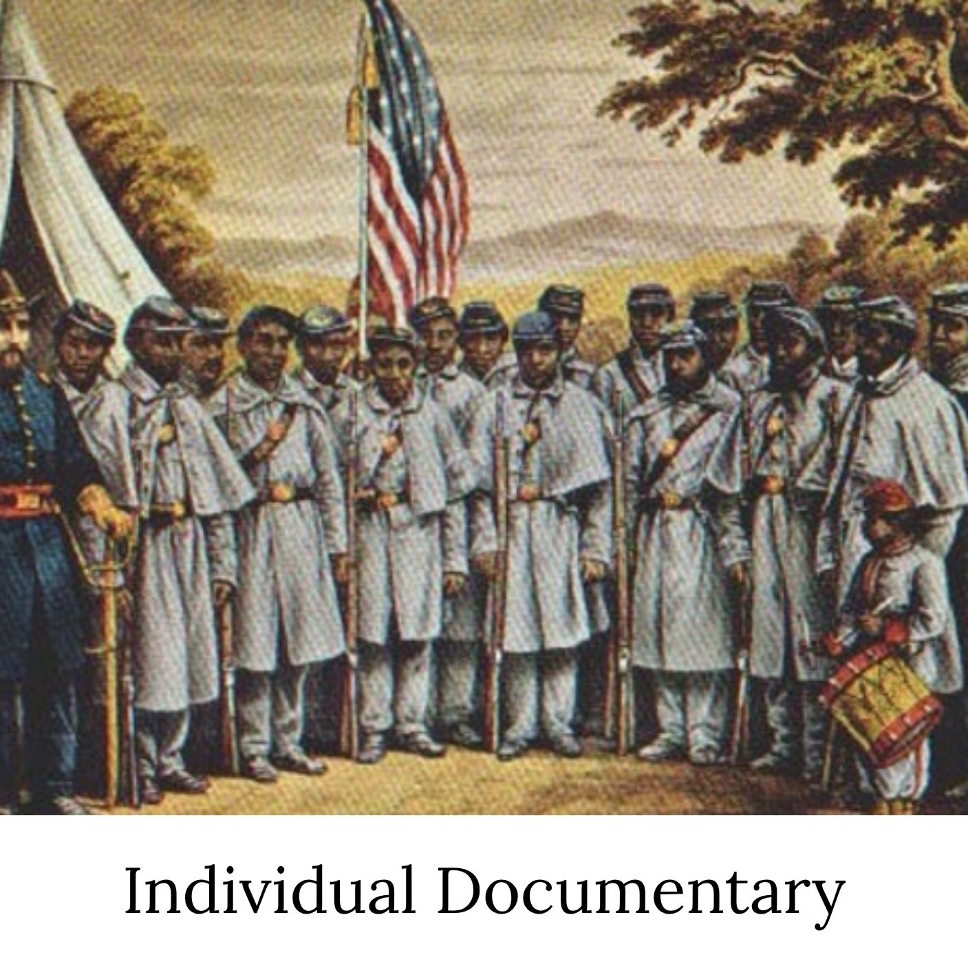 Illustrated image of a group of Black soldiers in Civil War uniforms with an American Flag flying behind them. One soldier looks to be a youth and is carrying a drum.