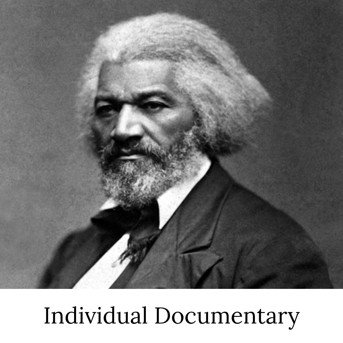 B&W portrait of a Black man wearing a suit and tie. The image is labeled Individual Documentary