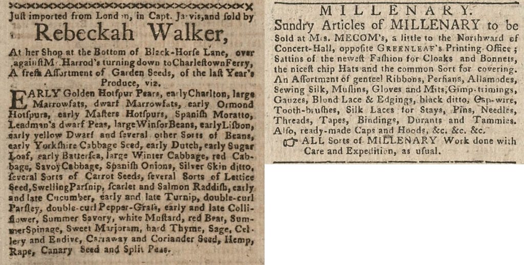 Two clippings from the Boston Gazette and Country Journal showing advertisements placed by Rebeckah Walker and Mrs. Mecom for their businesses. Both advertisements include lists of available products. 