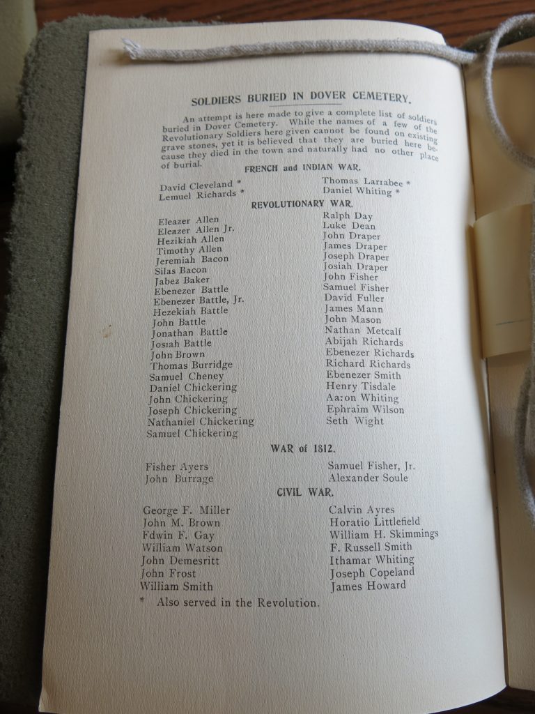 Page of paper with the heading: Soldiers buried in Dover Cemetery. This is followed by lists of names, divided by war they died in and covers the French and Indian War, the Revolutionary War, the War of 1812, and the Civil War. All black ink on a white page.