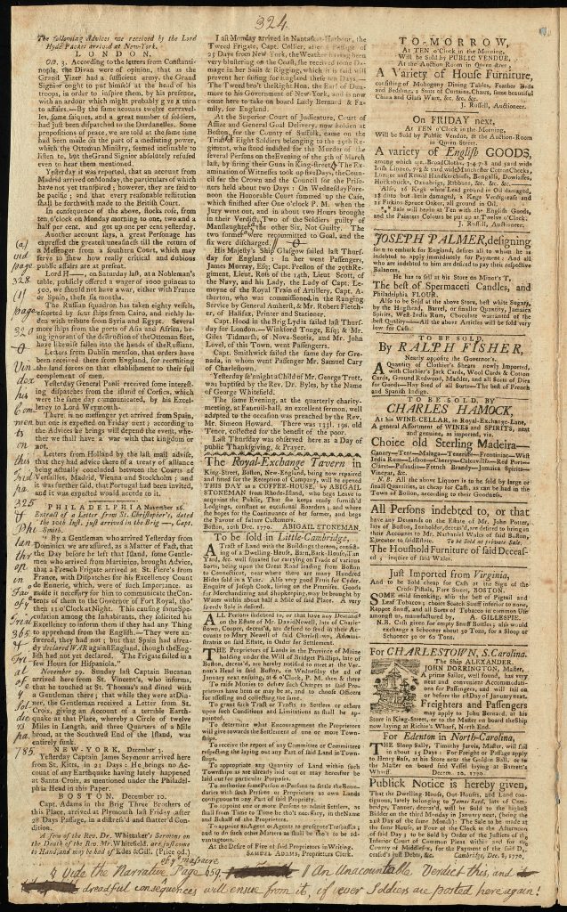 A clipping from the Boston-Gazette, and Country Journal, where Abigail Stoneman “begs leave to acquaint the public…The Royal Exchange Tavern in King-Street, Boston, New-England, being now repaired and fitted for the Reception of Company, will be opened this day as a coffee-house by Abigail Stoneman from Rhode-Island.”