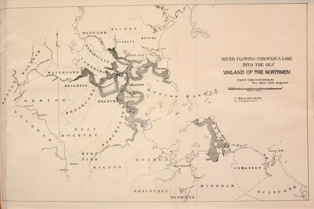 Engraved map of Boston Harbor and surrounding Massachusetts towns, with an x mark next to the river in Watertown