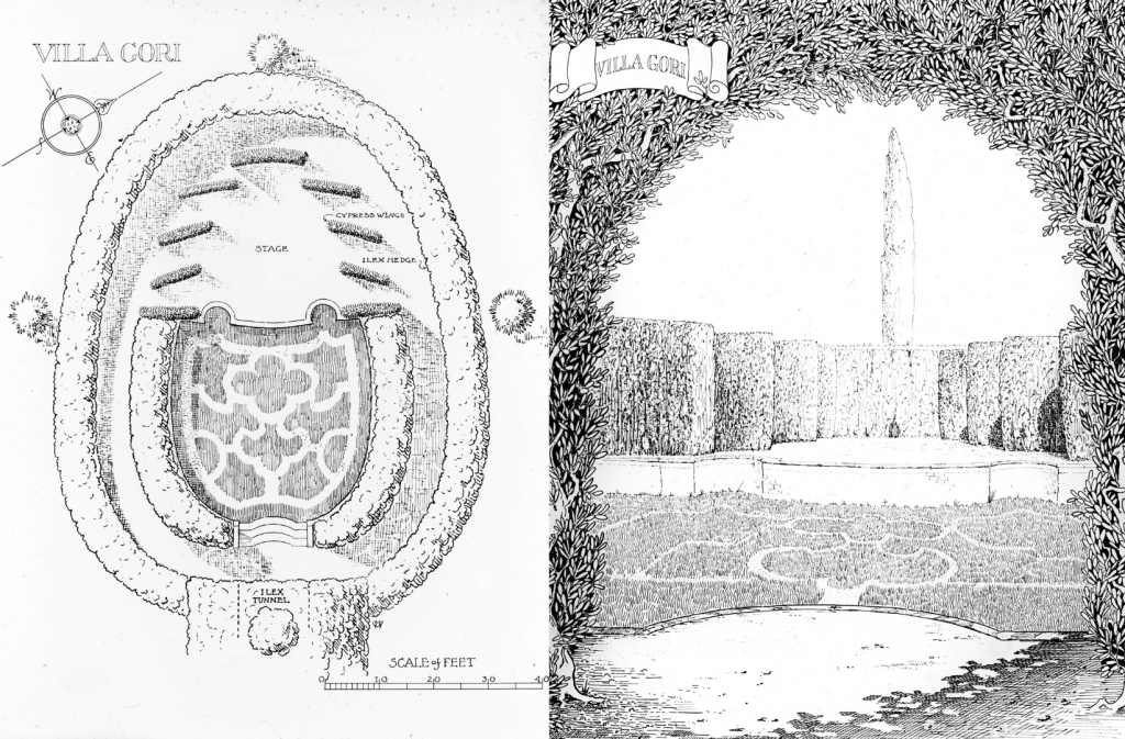 Two color photographs of two black ink printed illustrations of a garden. On the left is an aerial view with the stage and other items labeled, there are bushes and from this view the intricate grass design can be seen. On the right is a view from just outside the entryway towards the stage, from here the stage area is above the designed grassy area. Both have a ribbon with "Villa Gori" on it. 