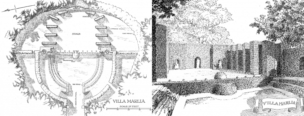 Two color photographs of black ink printed illustrations side by side. On the left is an aerial view of a garden design with a stage and other items labeled with bushes, trees, and walls. On the right is an image as if standing to the left inside the entryway of the same space as the aerial image. In this one the stage is higher than the ground and there are statues towards the back of it. Both images have a ribbon with "Villa Marlia" on it. 