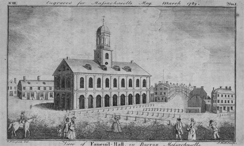 A color photograph of a black ink engraving of a building with two floors and a cupola in the center. There are other buildings in the background and several figures in the foreground viewing the building or walking by on foot or horse. 