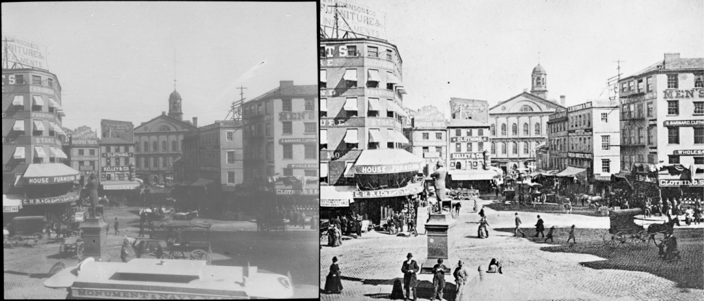 Two black and white photographs with a similar view. Both focus on a large four story building with a cupola in the background with a large square surrounded by other buildings in the foreground. Many figures, horses and carts are going through the square. 