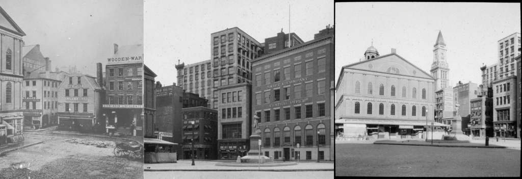 Three black and white photographs side by side. The one on the left and middle have very similar views with Faneuil Hall as a small sliver to the left and the focus on the buildings beside it. The one on the right is a larger view of the square in front of Faneuil Hall with the entire west side of the building in view. 