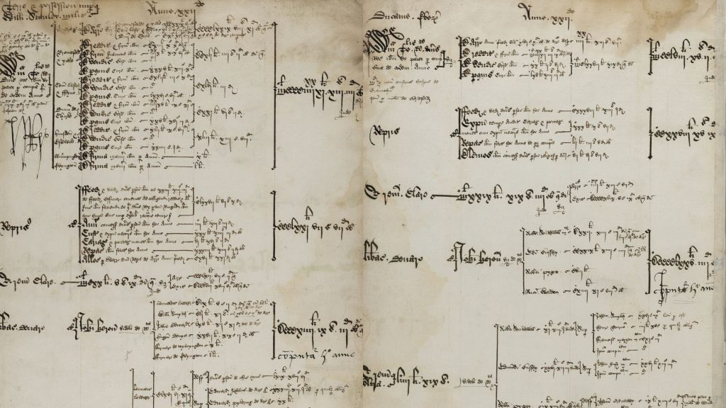 Two color photographs side by side of two pages with handwritten black ink detailing accounts of a household. The text is elaborate and written in Latin. 