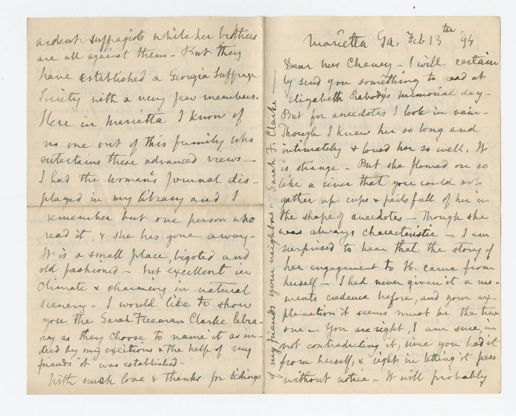 Color photograph of two pages of a letter written at Marietta, Georgia, dated February 13, 1894, and addressed to “Dear Mrs. Cheney.”