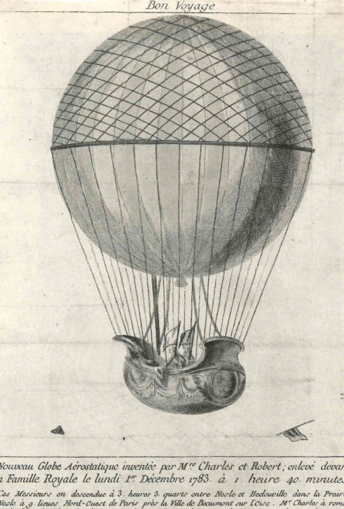 A black ink printed engraving of a large round balloon netted and tethered by many ropes to a small boat style basket with many carved decorations and two figures holding flags in the ship. At the bottom are words in French. 