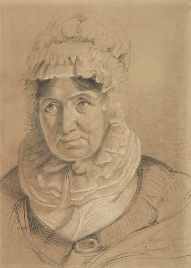 A 69-year-old white woman with dark hair is sketched in white and black chalk on paper. She wears a white bonnet, a white ruffled collar, and a black shawl with an oval fastener.