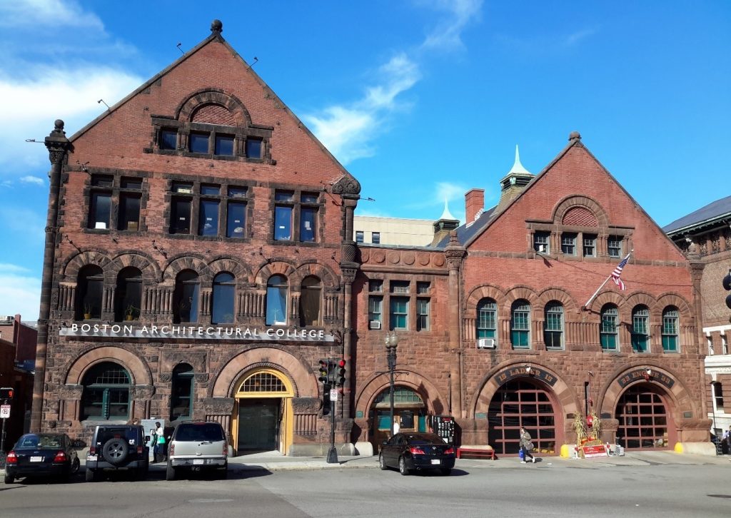 Boston Architectural College, a four-story building with dark red and brown stone walls.