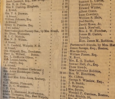 Color photograph of a black ink printed page with names on the left and amounts on the right. Louisa Jacobs is 2/3 down the page and across from her is "2.00"