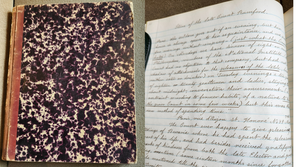 Two color photographs side by side. On the left is a closed journal with a red binding and purple and black dyed thick paper. On the right is lined journal paper with very neat cursive handwriting on it. 