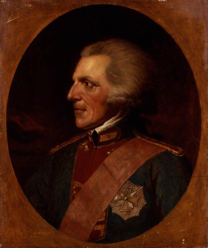 Color photograph of a painting of an older white man in military court clothes from the 18th century. He wears a gray wig and is looking to the viewers left. 