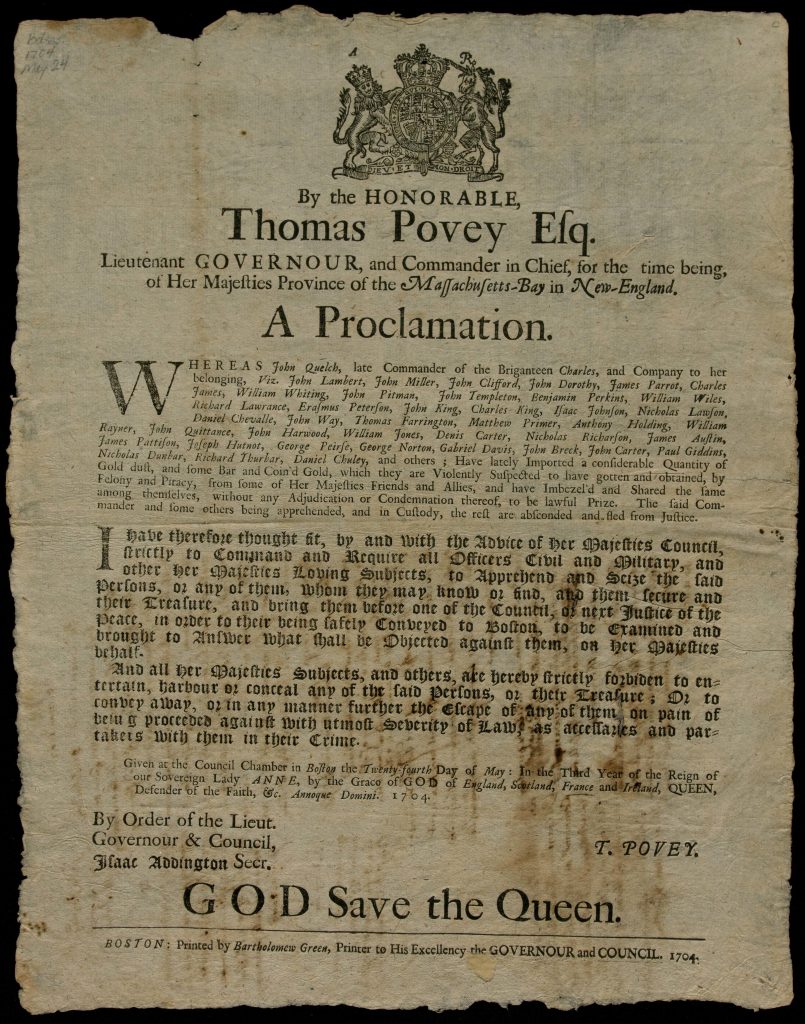 Color photograph of a broadside printed in black ink on paper discolored with age. At the top is the Royal King of England seal with a lion and unicorn surrounding it. 