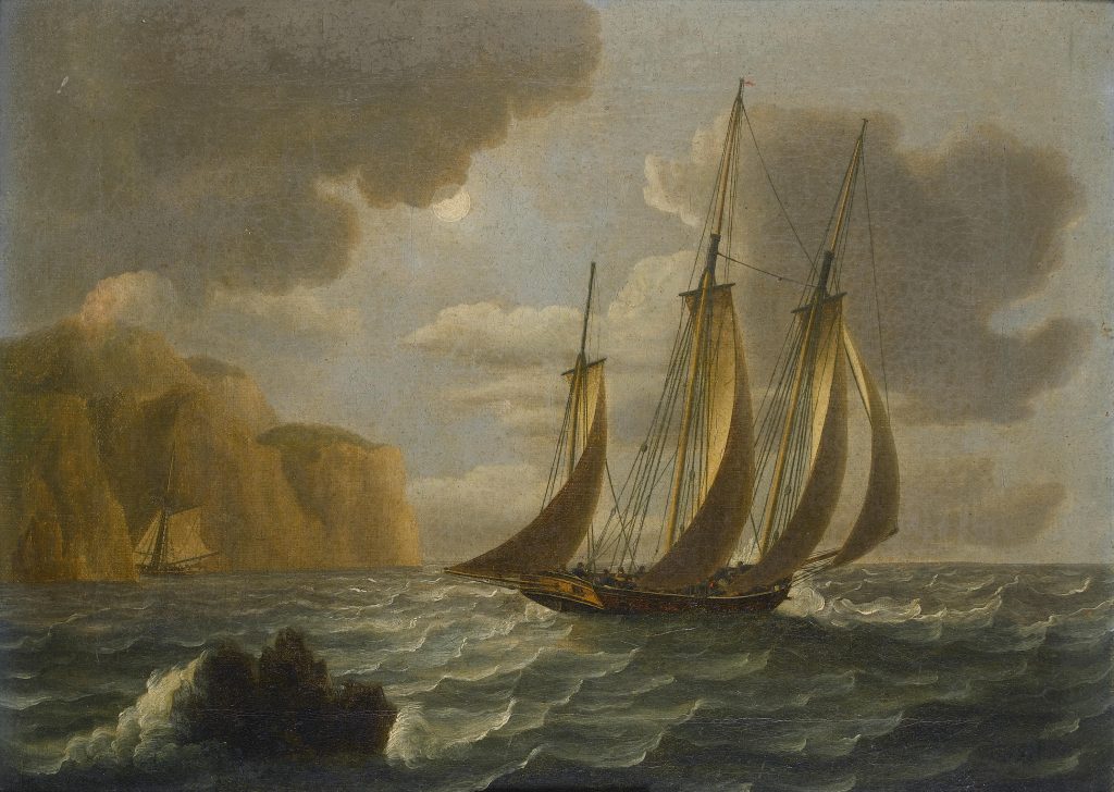 Painting of vessel in turbulent ocean cove, cornering another ship near rocky cliffs.