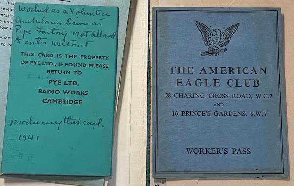 Color photograph of two workers passes. On the left black ink printed on it reads, "This card is the property of Pye Ltd., If found please return to Pye LTD. Radio Works Cambridge. On the right, "The American Eagle Club (address) Worker's Pass"