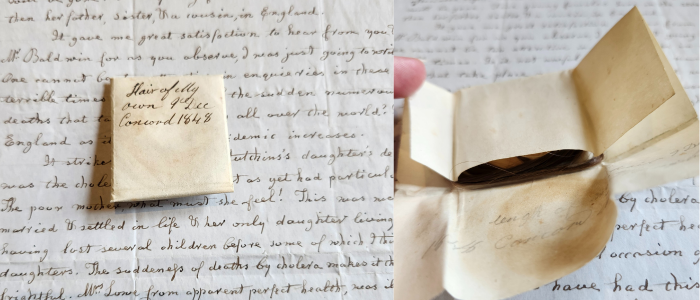 Two color photographs side by side, both backgrounds are a handwritten letter in black ink on white paper. The image on the left is a piece of paper folded into a box. This piece is darker than the one below and has writing on the top that reads, "Hair of My own 9 Dec Concord 1848." On the right is that folded piece of paper half opened revealing dark hair inside. 