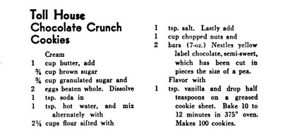 Graphic image of black text on a white background titled "Toll House Chocolate Crunch Cookies" with a recipe underneath and to the right. 