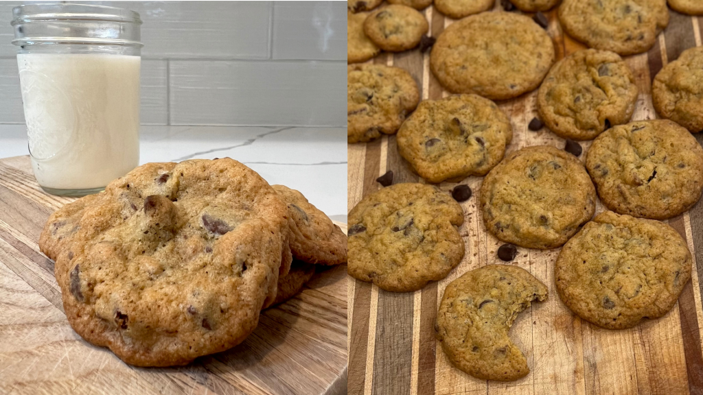 Two modern color photographs side by side. On the right is a close up of a chocolate chip cookie resting on a pile of more cookies behind and underneath it. Behind the pile is a glass of milk. On the right are chocolate chip cookies in a single layer cooling on a wooden cutting board. The closest cookie to the viewer has a bite taken out of it. 