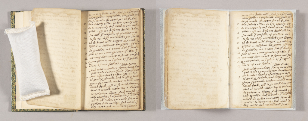 Left: William Bradford’s Dialogue before dis-binding: An open book with handwritten pages, and a weight holding the turned pages down so the text is accessible. The pages don’t open fully.
Right: William Bradford’s Dialogue after dis-binding: Formerly bound manuscript pages sewn into a paper cover. Bound document open at a center page, white string down the crease holding the handwritten pages together.