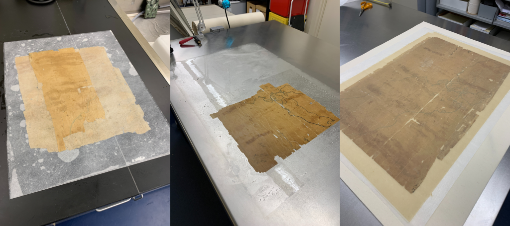 Left: Backside of the wet map placed between transparent mylar sheets to flatten it.
Middle: Front side of wet map placed between transparent mylar sheets.
Right: Backside of wet map mounted on thin Japanese paper to fix the tears and holes.