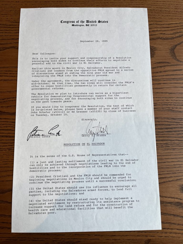 Letter from Gerry Studds and Silvio Conte to other congressional representatives in support of a resolution to support peace talks in El Salvador that would hopefully end the hostilities.