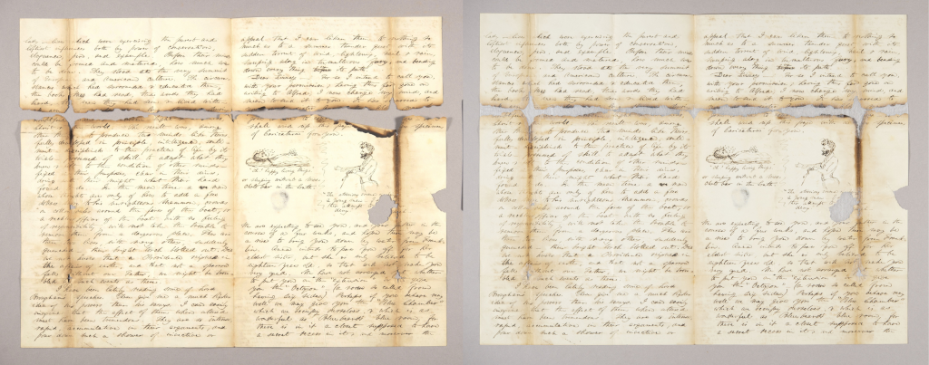 Left: A “before” image of a fire-damaged manuscript document before it has been repaired. The document is handwritten with two sketches of a man standing and laying down. There are charred edges, and the document is torn into two pieces horizontally across the upper half, and there are holes in the document.