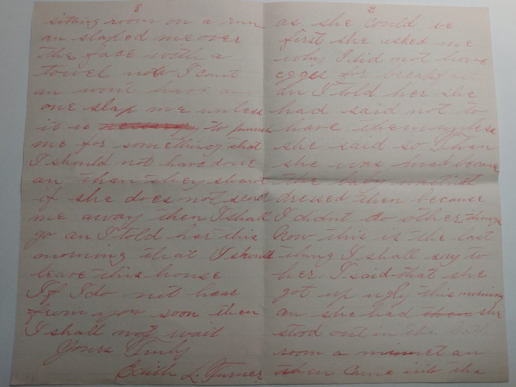 Color photograph of two pages of a letter, written in red ink and signed “Yours Truly Edith L. Turner.”