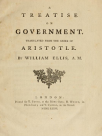 A color photograph of a book title page, "A Treatise on Government Translated from the Greek of Aristotle by William Ellis, A. M." 