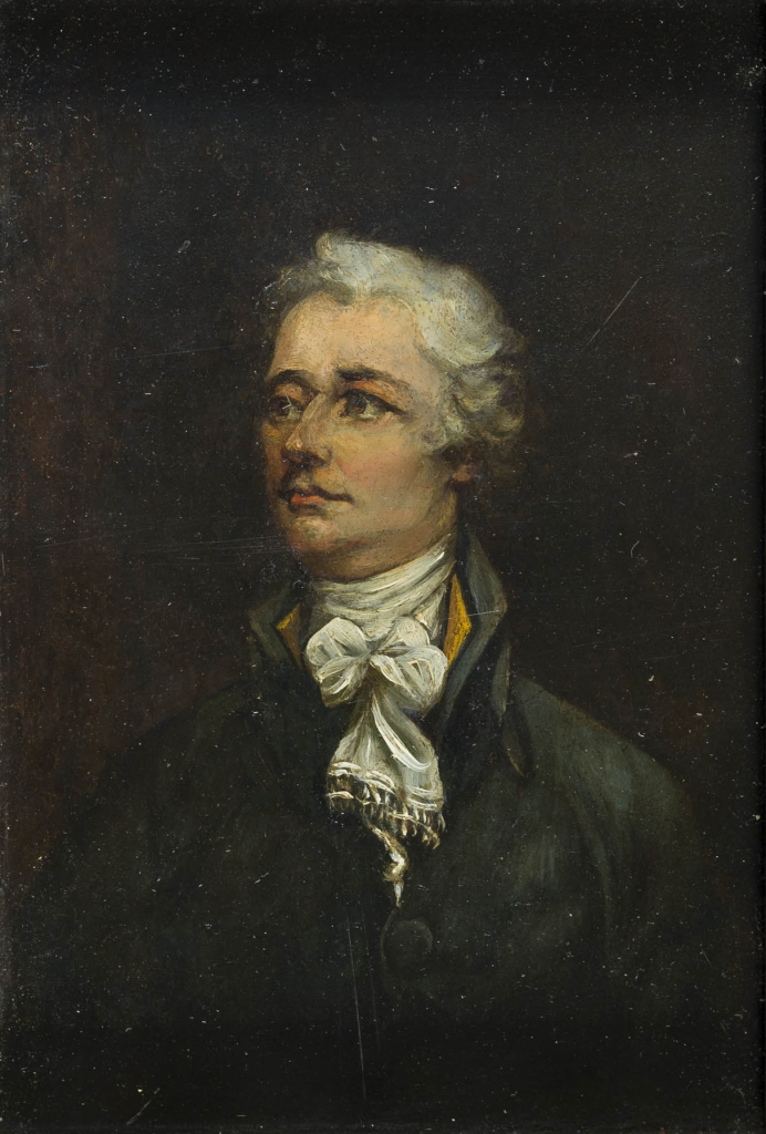 Color photograph of a painted portrait of a white man in a white powdered wig. He is facing the viewer, but looking off to viewers left. He wears a white cravat and a black, high-collared jacket with a peek of yellow lining showing at the neck. The background is black. 