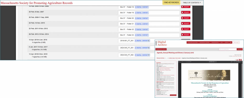 Screenshot of MHS Collection Guide and corresponding PDF in the MHS Digital Archive. 