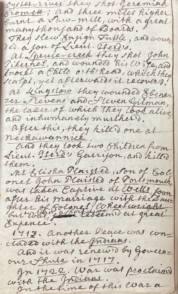 Fitch’s cursive handwriting appears in faded black ink on browned paper. Events are organized chronologically down the page, with key figures, places, and dates underlined for emphasis. 