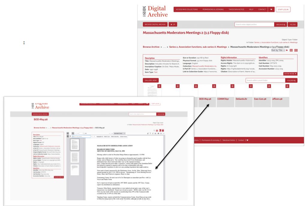 Two screenshots from the MHS Digital Archive relating to the Massachusetts Moderators Association records. One screenshot shows a folder grouping digital files which are represented a as a row of squares. One square incudes an arrow pointing to a second screenshot that shows the web presentation of a PDF document with metadata on the left and the page viewer on the right. 