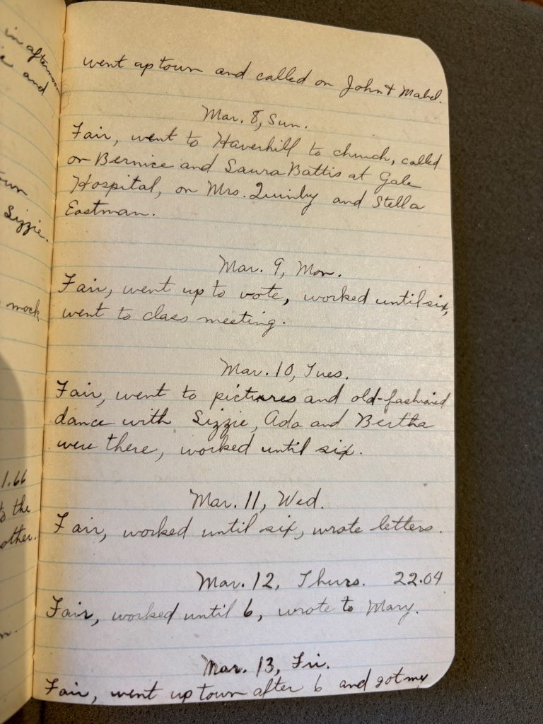 A handwritten page of journal entries from Mar. 8 to Mar. 13