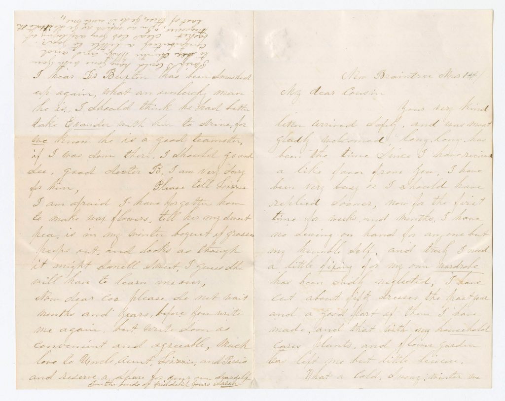 Color photograph of two pages of a letter written in black ink and headed “New Braintree March 1st / My dear Cousin.” The ink is faded, and the paper is discolored in places.