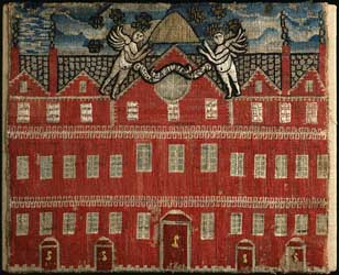 Embroidered view of Harvard Hall Silk, wool, and gilt-silver yarns on open plain-weave linen