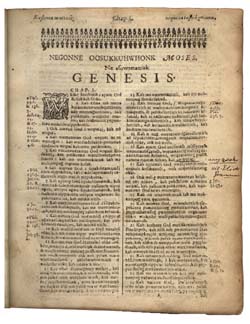 Genesis, chapter 1, verses 1-24, of the `Eliot Indian Bible` 