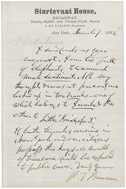 Letter from P.T. Barnum to unidentified correspondent, 7 March 1882 