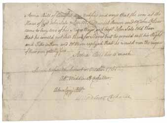 Testimony of Anna Bill (manuscript copy) about the sale of two enslaved people, October 1761 